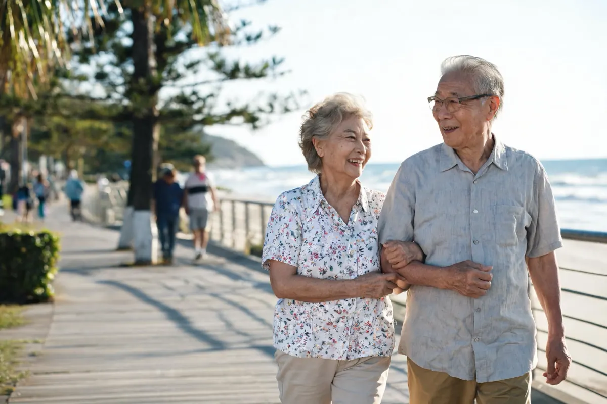 Couple in their seventies walking outdoors in light long-sleeved clothing
