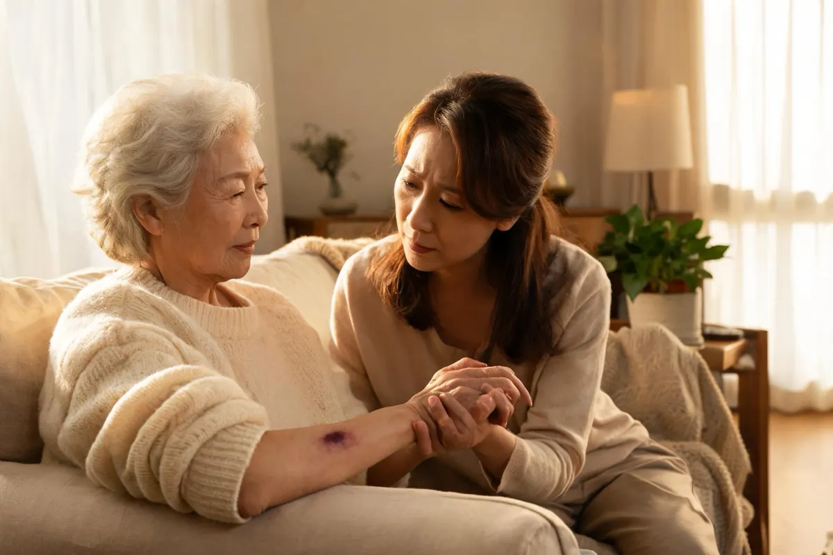 Daughter holding her elderly mother's hand on a sofa, looking at a bruise on her forearm