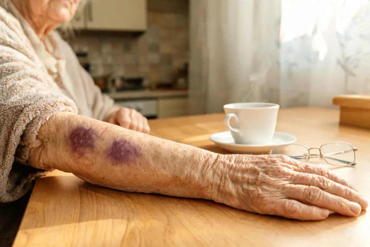 Forearm of an older woman with purple bruises on thin skin
